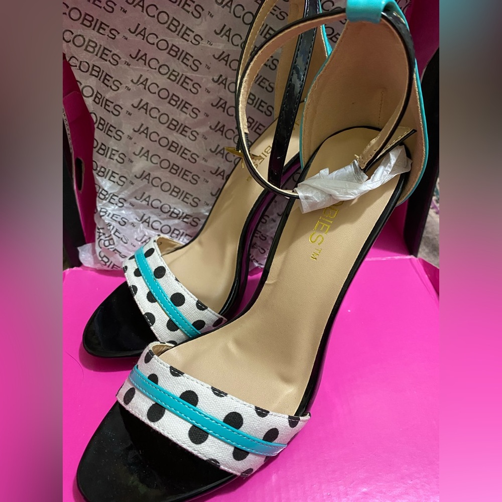 NEW Jacobies Polka Dot Ankle-Strap Heels in Black, White & Teal